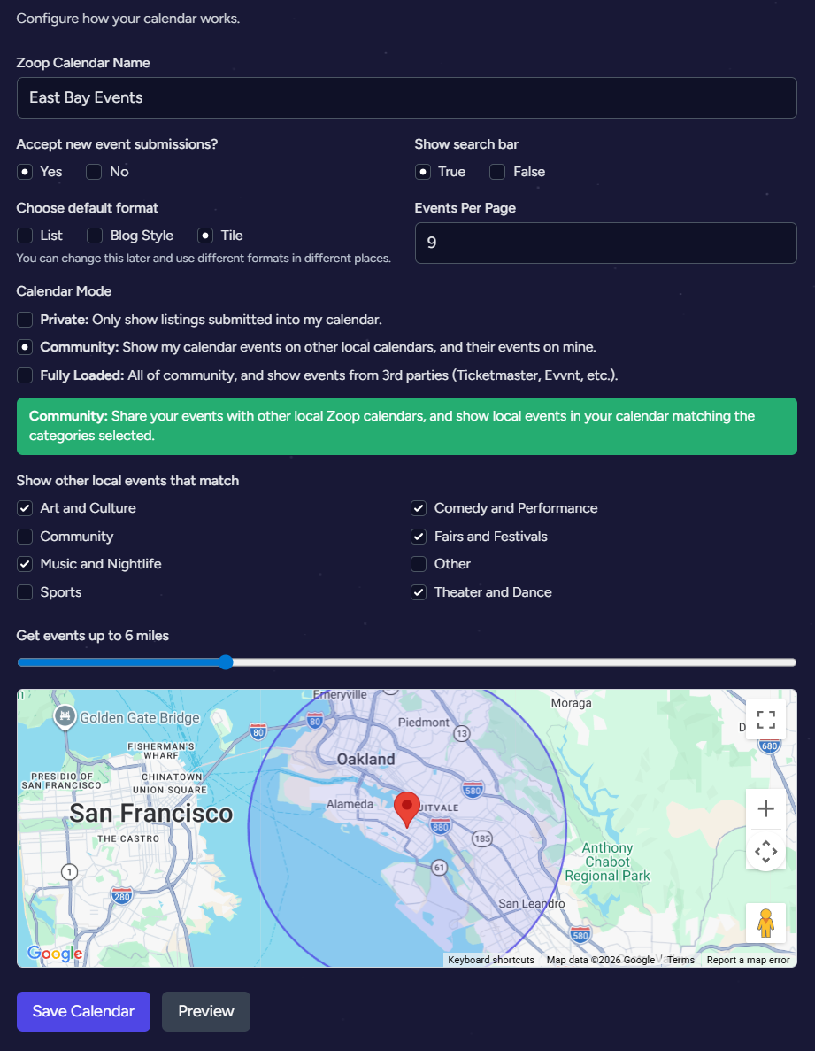 Calendar settings form screenshot