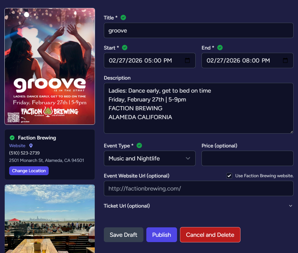 Event submission form screenshot