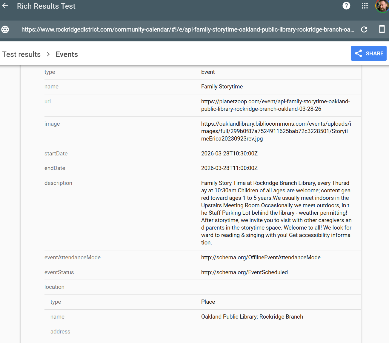 Example event page showing SEO-friendly structured event content